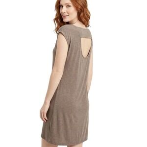 Beacan Cove Tunic Dress Women M Beige Cutout Back Short Sleeve Casual Midi Shift